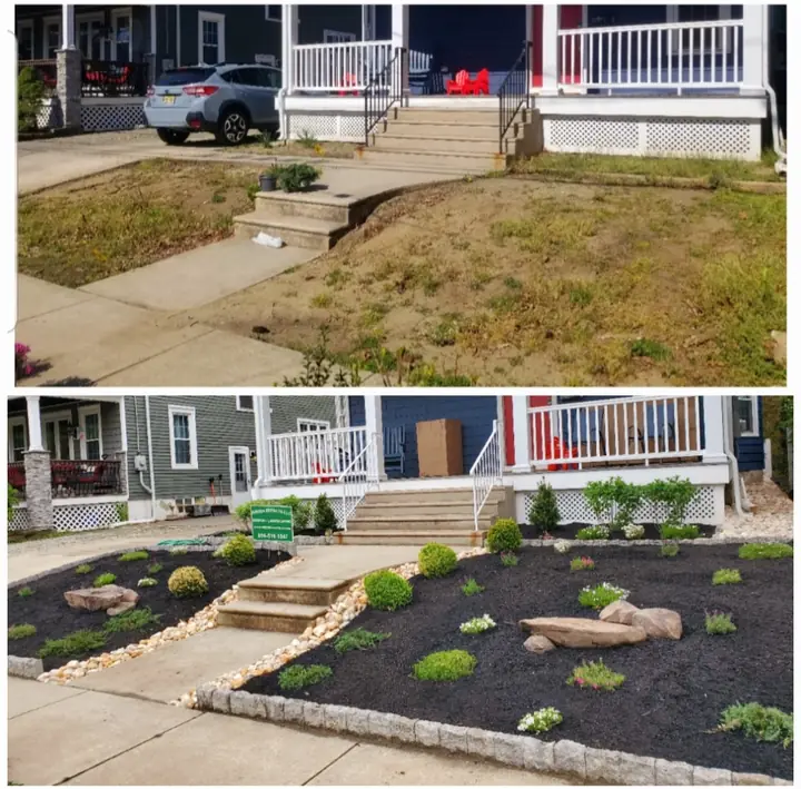 Before and after: eroded front yard regraded with stone borders and the front walk rebuilt
